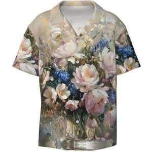 Licht Romantische Bloemen Print Heren Jurk Shirts Casual Button Down Korte Mouw Zomer Strand Shirt Vakantie Shirts, Zwart, L