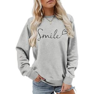 MLZHAN Smile Love Heart Print Vrouwen Sweatshirt Ronde Hals Lange Mouw Truien Herfst Winter Streetwear Causale Jas Tops, Grijs, S