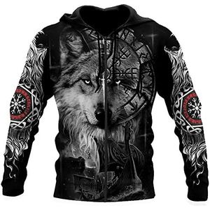 Nordic Wolf Kompas Afgedrukt Viking Hoodie Voor Heren, Noorse Mythe 3D Digitale Print Zip Pullover Hoodie, Herfst Unisex Casual Sportkleding Hooded Sweatshirt S-5XL