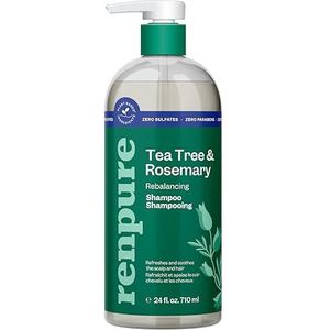 Renpure Plantaardige Tea Tree en Rosemary Refresh and Rebalance Shampoo - kalmeert de droge hoofdhuid - levert vocht en glans - ontdoet haar van vuil - kleurstofvrij - recyclebaar, pompflesontwerp
