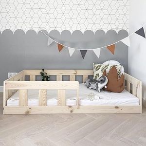 Vloerbed 80x160 met Valbeveiliging Natuurlijk Hout - BAJO - Kinderbed 80x160 Massief Grenen - Stabiel Valbeveiligingsbed voor Kinderkamers - Comfortabel Valbeveiliging Vloerbed