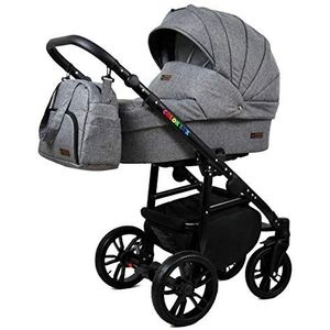 Kinderwagen 3 in 1 complete set met autostoeltje Isofix babybad babydrager Buggy Colorlux Black van ChillyKids Grey Flex 3in1 (inclusief autostoeltje)