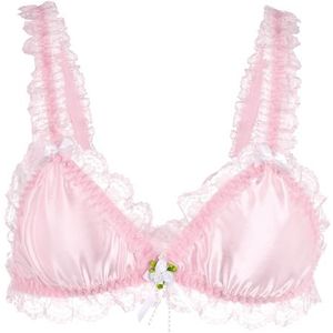 Satini Sissy Frilly Kant Getailleerd Satijn Bralette BH (Babyroze, L)