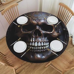 Koperkleurig schedelpatroon rond tafelkleed, waterdicht en afveegbaar met elastische randen, geschikt voor het decoreren van ronde tafels.