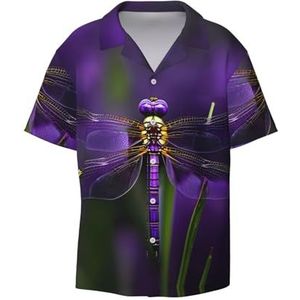 OdDdot Paarse Dragonfly Print Heren Jurk Shirts Atletische Slim Fit Korte Mouw Casual Business Button Down Shirt, Zwart, XXL