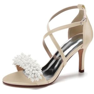 SYDZSW Ivoor satijn trouwschoenen met naaldhak bruidsschoenen met hoge hakken sandalen bruidsschoenen bruid 35-42, Champagne, 35 EU