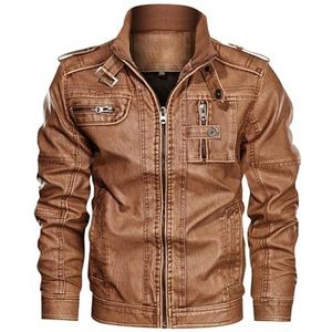 A&M Express Heren PU Lederen Slim Fit Motorfiets Rits Jas - Casual Stand Kraag Riem Mode Herfst Winter Jassen, Bruin, L