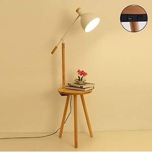 MYALQ Tripod staande lamp, USB-oplaadbaar, staande lamp met houten legplank, Scandinavische stijl, leeslamp, voor woonkamer, slaapkamer, kantoor, wit