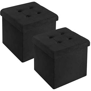 WOLTU Set van 2 opvouwbare krukken, zitkubus met opbergruimte, zitbank, kist, opbergdoos, afneembaar deksel, gevoerde zitting van fluweel, 37,5 x 37,5 x 38 cm (l x b x h), zwart