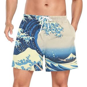 Niigeu Cartoon Japanse Sea Wave Blue mannen zwembroek shorts sneldrogend met zakken, Leuke mode, XL