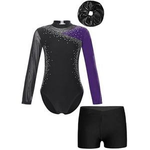 NUOYIXUAN Gymnastiekpak voor meisjes, schaatspak met lange mouwen met kleurblokken, tutu voor kinderen, balletpak met shorts, paars, 14