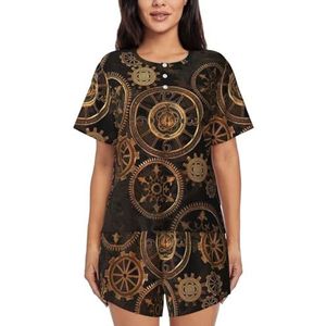 YQxwJL Gears Klok Bronzen Eeuw Print Vrouwen Pyjama Sets Shorts Korte Mouw Lounge Sets Nachtkleding Casual Pjs Met Zakken, Zwart, XL