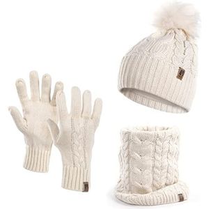 HEYO HZ0004 Wintermuts, colsjaal, handschoenen, 3-delige set, warme wintermuts, sjaal, winterhandschoenen, beanie, gevoerd, beige, One size