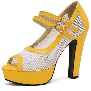 WOkismD Dames 10 cm dikke hoge hakken zomer open teen sandalen jurk feestschoenen, Geel, 44 EU