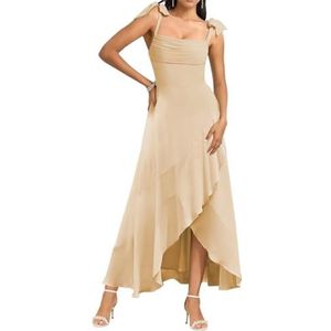 Spaghetti Bandjes Bruidsmeisjes Jurken voor Bruiloft Fluwelen Ruches Formele Avond Party Maxi Jurk High Low AH143, Champagne, 32