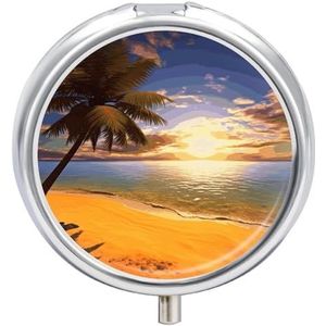Sunset Palm Pillendoosje Kleine Metalen Pillenetui voor Portemonnee of Pocket 3 Compartiment Pillenorganizer Draagbare Reizen Pillendoos Mini Pillencontainer Houder om Vitaminen Visolie vast te houden