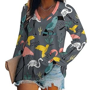 Vogel flamingo cactus dames lange mouwen V-hals T-shirts herfst tops pullover tuniek T-shirt voor leggings