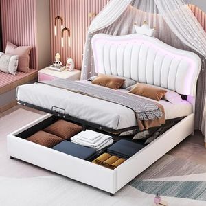 boorbin Kinderbed, gestoffeerd bed, 140 x 200 cm, hydraulisch opbergbed, eenpersoonsbedframe voor meisjes met roze kroon, van PU-leer met ledverlichting, lattenbodem en rugleuning (wit)