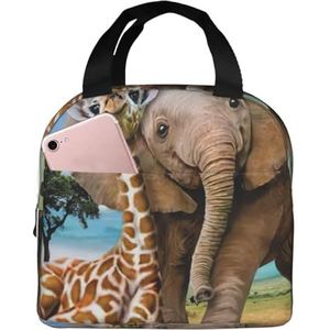 Lunchbox met olifant en giraffe print voor dames en heren, herbruikbare lunchtas geïsoleerd, voor werk, reizen, picknick