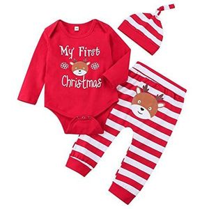 Mijn eerste kerst Baby meisjes jongens rode rompertje met gestreepte broek en hoed 3-delige pasgeboren outfit