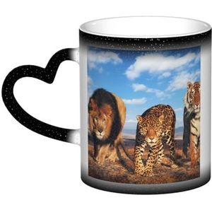 XDVPALNE Leeuw luipaard en tijger vechten om voedsel bedrukt, keramische mok warmtegevoelige kleur veranderende mok in de lucht koffiemokken keramische beker 330 ml