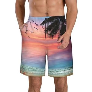 Coconut Palm Tree Sandy Beach Print strandshorts voor heren, lichtgewicht, sneldrogend trekkoord zwembroek met zakken, Wit, S
