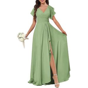 Chiffon galajurken met spleetplooien, bruidsmeisjesjurken voor bruiloft, cocktailjurk, grote maten, Sage Groen, 32