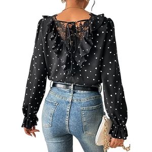 dames topjes Heart Print Guipure Lace Insert Ruffle Trim Flounce Sleeve Blouse (Color : Noir, Size : M)