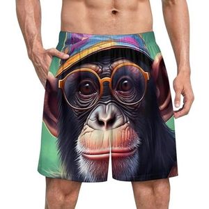 Leuke aap in hoed bril grappige pyjama shorts voor mannen pyjama broek heren nachtkleding met zakken zacht