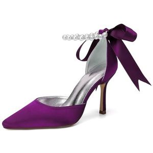 KYEGLO Dames Satijnen Sandalen Met Gesloten Teen En Bandjes, Puntige Teen, Hoge Hakken Met Parelbandje Om De Enkel, Sexy Schoenen, Perfect Voor Bruiloften,Purper,36