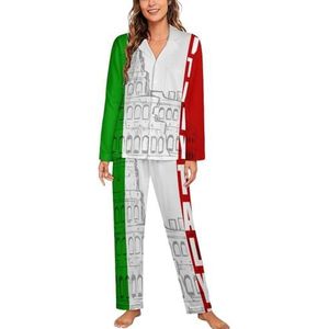 Romeins Colosseum Italiaanse Vlag Vrouwen Lange Mouw Button Down Nachtkleding Zachte Nachtkleding Lounge Pyjama Set M