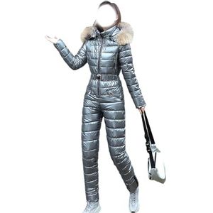 Waterdicht Skipak for Dames, Winterse Eendelige Sneeuwpak Met Bontkraag, Capuchon en Winddichte Isolatie(Gray,XXL)