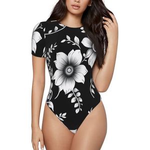 KHDKLXOHZ 3d zwart met bloem dames bodysuits - korte mouw shapewear, ronde hals bodysuit, rekbare basic T-shirt tops, casual slanke comfortabele pasvorm turnpakje onesie, 3d, S