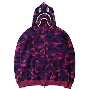 MCMYCO Y2k Bape Shark-hoodie for heren Camouflage Bape-jas met ritssluiting en capuchon Sweatjack Interessant sweatshirt met rits Puur katoen Shark Head Shark-hoodietrui (Color : Paars, Size : S)
