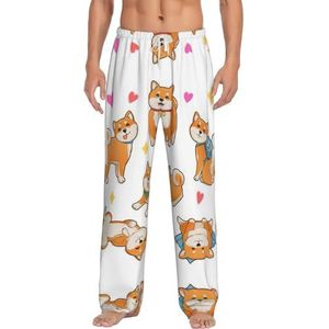 Leuke Shiba Inu Hond Mannen Pyjama Bottom Broek Nachtkleding Lounging Relaxed Huis Pjs Broek Met Zijzakken, Wit, S