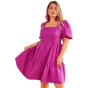 voor vrouwen jurk Plus 1-delige jurk met vierkante hals, pofmouwen en ruches aan de zoom (Color : Red Violet, Size : XL)