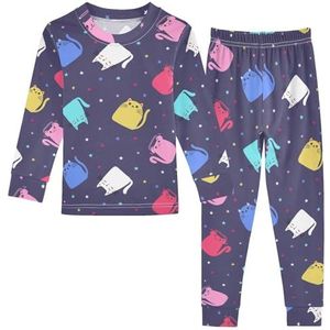 LI ZHI XIN Katoenen Paj-set voor kinderen, jongens, meisjes, nachtkleding set, kinderen, lange mouwen, Paj-set, 2-delige homewear, nachtkleding voor leeftijd 1-8 jaar, schattige kat cartoon patroon