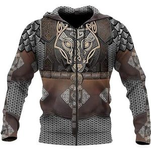 Celtic Wolf Tattoo Sweatshirt, Scandinavische 3D Digitale Print Warrior Armor Herfst Harajuku Casual Ritsjack, Herensweater met Trekkoord en Grote Zak met Capuchon(Color:A Zip Hoodie,Size:XXL)