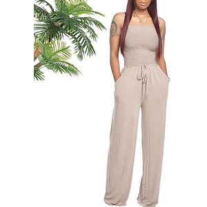 Asymmetrische Effen Kleur Gesmokte Jumpsuit, Dames Strapless Tube Top Rompertjes, Effen Kleur Riem Jumpsuit Met Zakken (M,Abrikoos)