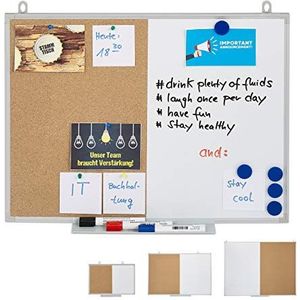 Relaxdays combibord, 2 in 1, prikbord & whiteboard, magneetbord, aluminium lijst, met bakje, 45 x 60 cm, wit/natuur