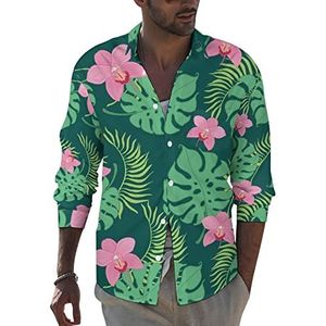 Tropical Palm Hibiscus Heren Revers Shirt Lange Mouw Button Down Print Blouse Zomer Pocket Tees Tops L