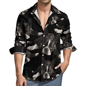 Boston Terrier Dog Men's Button Down Shirt Lange Mouw V-hals Shirt Casual Regular Fit Tops