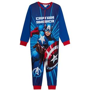 Marvel Captain America Onesie voor jongens fleece pyjama alles in één slaappakje kinderen pyjama rits nachtkleding loungewear, Blauw, 7-8 jaar