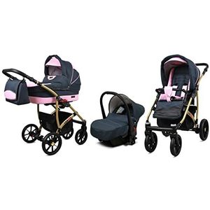 BabyLux Largo 3 in 1 Baby Reis Systeem Kinderwagen Autostoel Afneembare Regenhoes Voetenzak Dragende Wielen Pasgeborene tot Baby Grey Light Pink Gold Frame