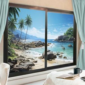 Palmboom zeegezicht raamfolie, warmteblokkerende kust, mooie, abstracte privacy-raamdecoratie, glazen deurbedekking, niet-klevende raamfolie voor badkamer en keuken, 80 x 120 cm x 2 stuks