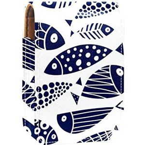 Make-up Lipstick Case voor Buiten Blauw Vissen Patroon Draagbare Lippenstift Organizer met Spiegel Dames Mini Make-up Tas Neemt Tot 3 Lippenstift