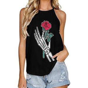 Rose Flower in Skeleton Hand Vrouwen Tank Top Zomer Mouwloze T-shirts Halter Casual Vest Blouse Print Tee L