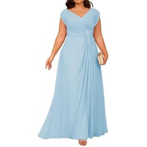 Dames chiffon moeder van de bruid jurk voor bruiloft ruches galajurken cocktailjurk plus size, Lichtblauw, 32
