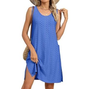 Badpakken for dames, mouwloze strandjurk, badpakken met bandjes en oogjes(Blauw,XXL)