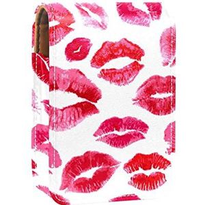 Roze Kiss Patroon Draagbare Lipstick Case voor Reizen,Mini Lipstick Opbergdoos met spiegel voor Vrouwen Dames, Lederen Cosmetische Pouch, Meerkleurig, 9.5x2x7 cm/3.7x0.8x2.7 in